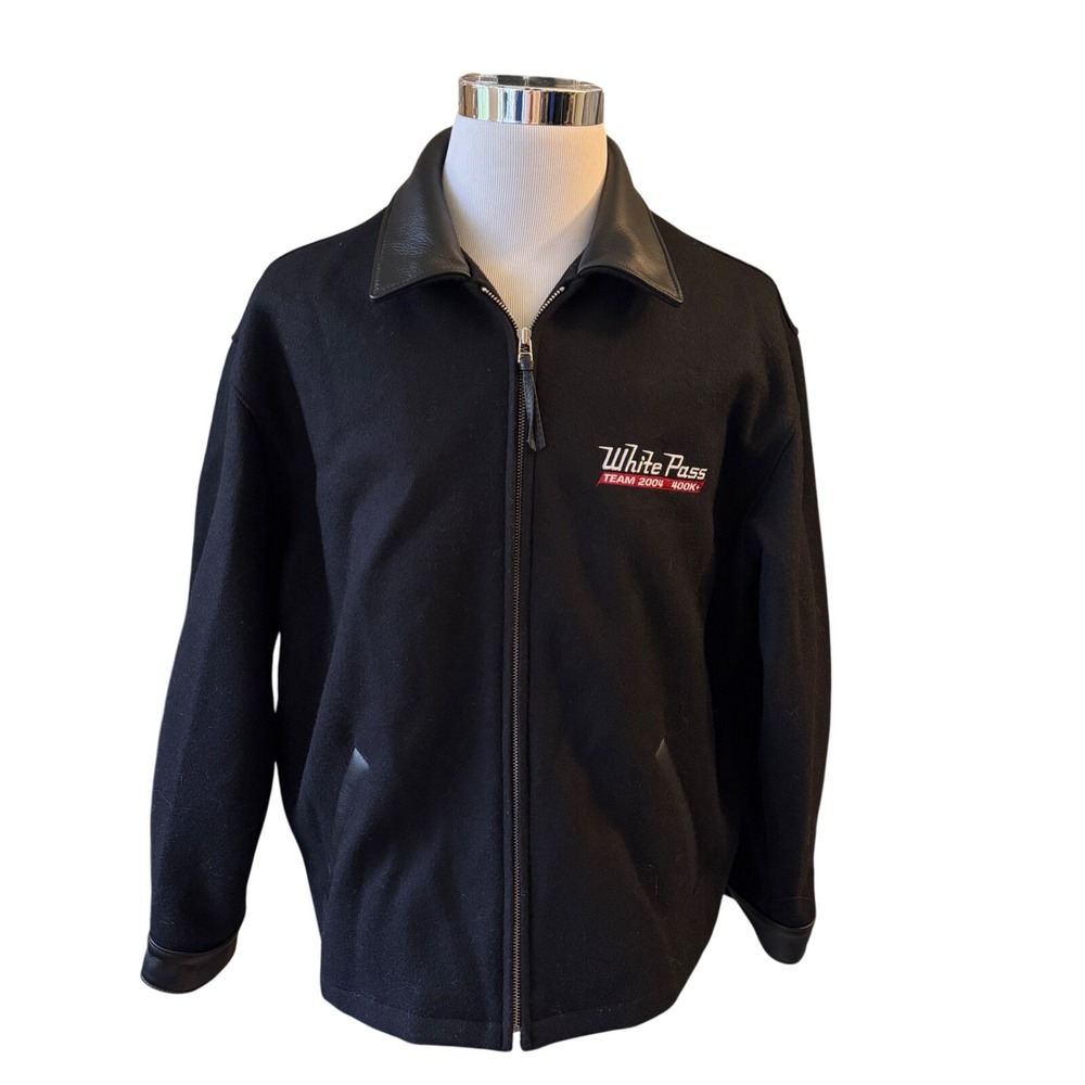 Roots Jacket Mens Large Black Wool Leather Trim White Pass Team 2004 Bomber